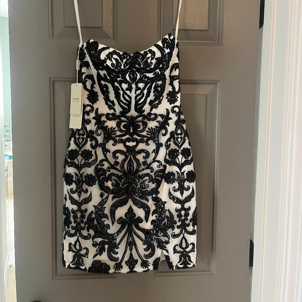 Fitted Strapless, White and Black Beaded Embroidered Slit Formal Dress, Size 2